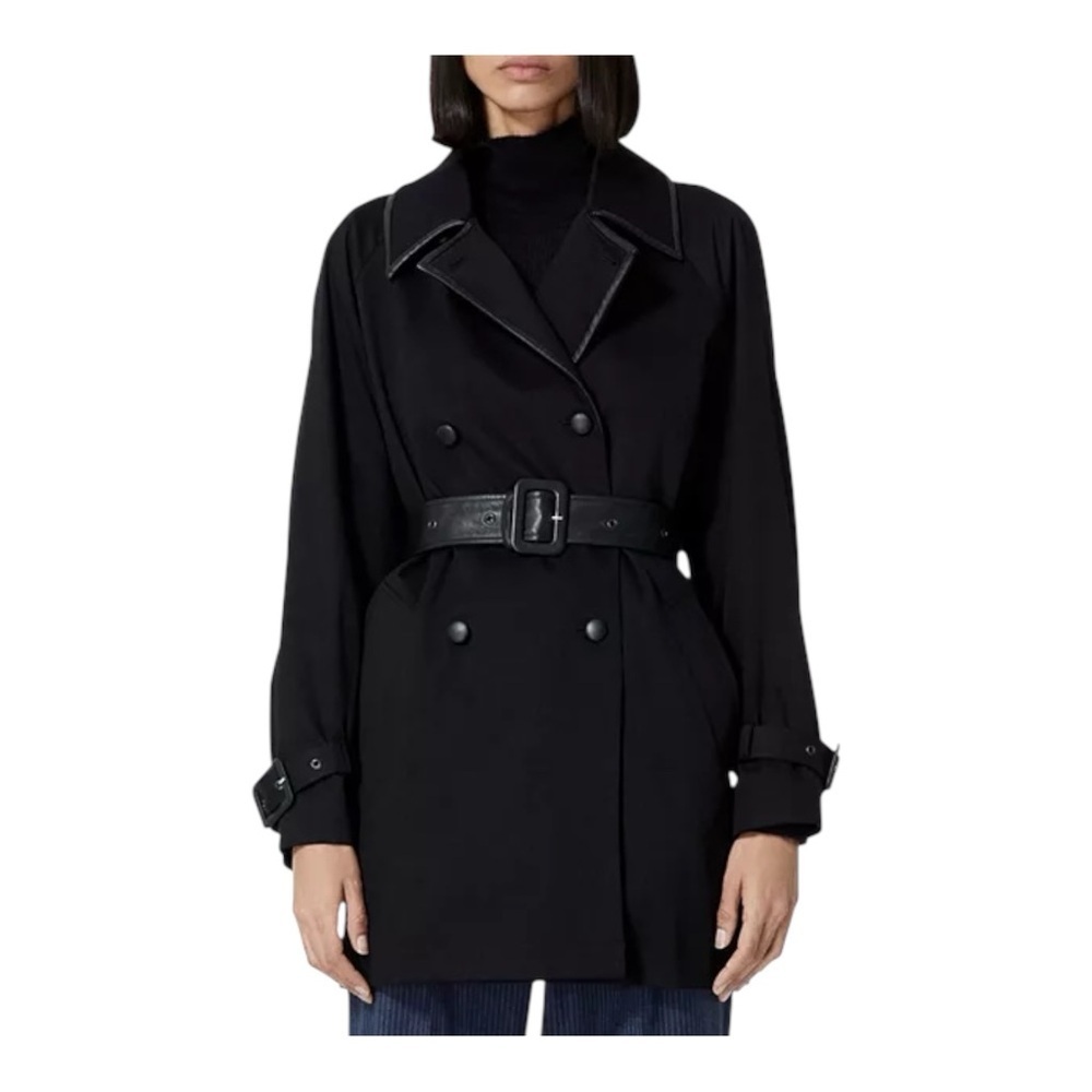 The Kooples LEMAL Trench Coat Black Leather Belt Cotton Size 34 US 2 $618 NWT